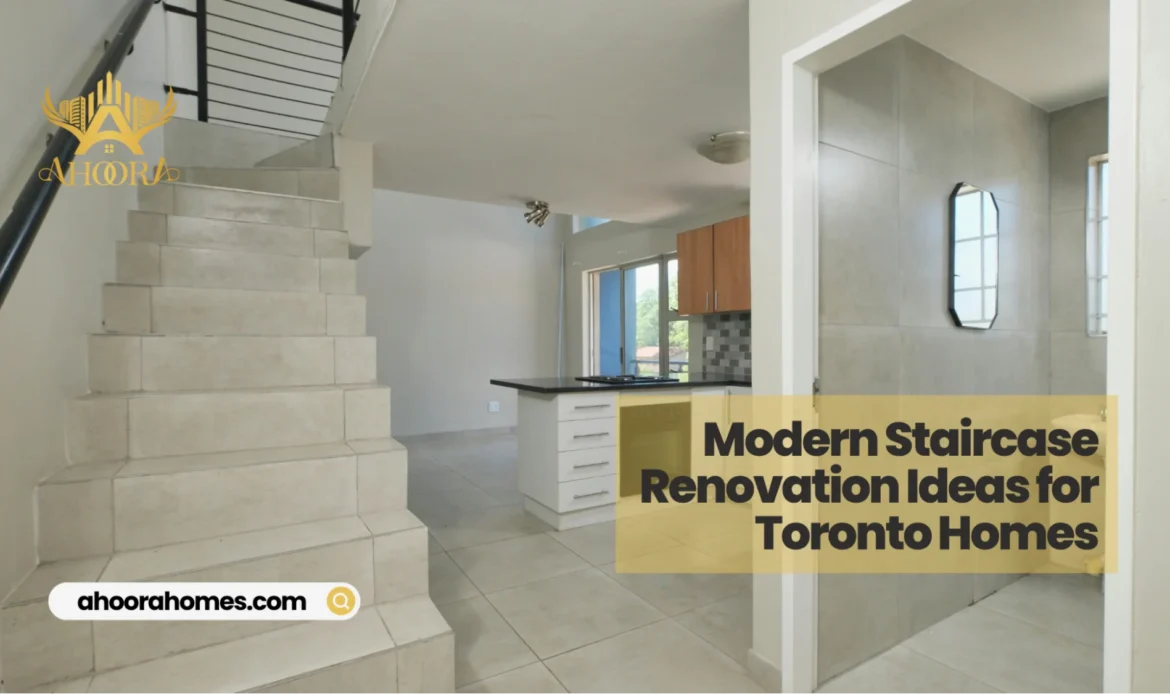 modern staircase renovation design in a Toronto home with wood steps and glass railing