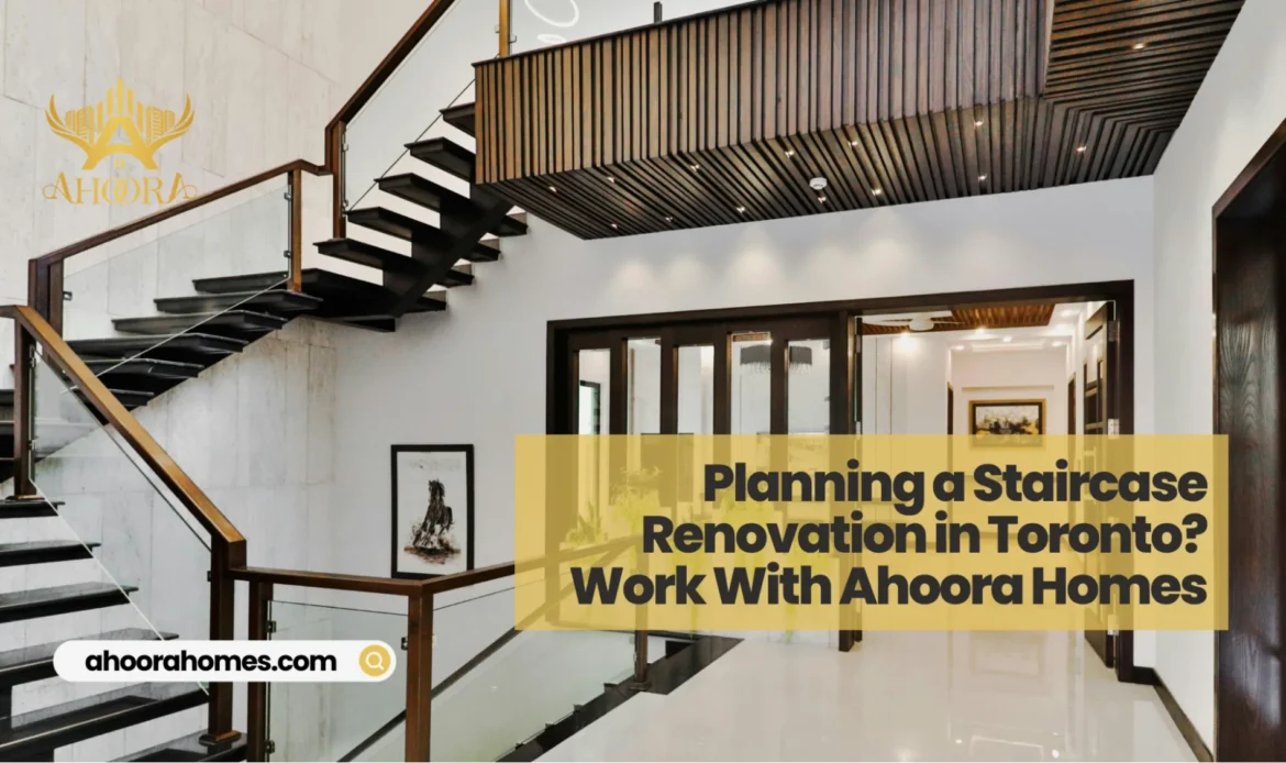 modern staircase renovation in a Toronto home showing updated wood stairs and railing