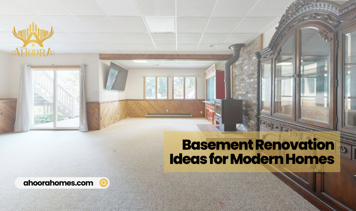 modern finished basement design in a home illustrating basement renovation ideas