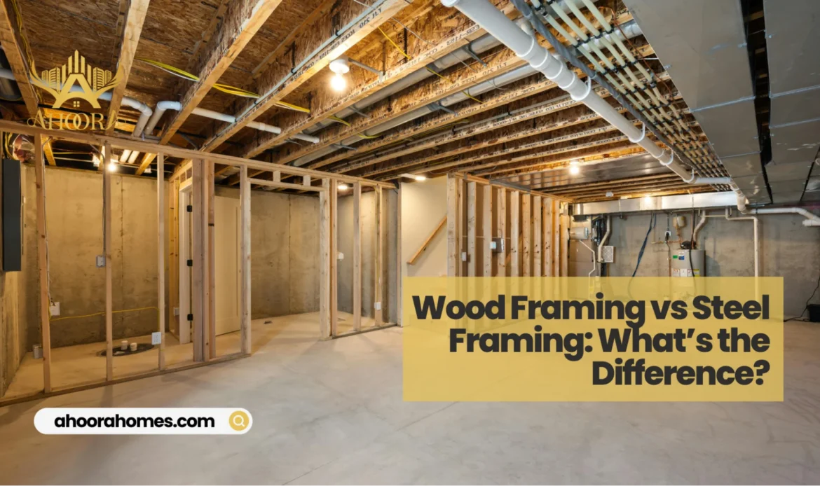 Side-by-side comparison showing the differences between metal framing vs wood framing in construction